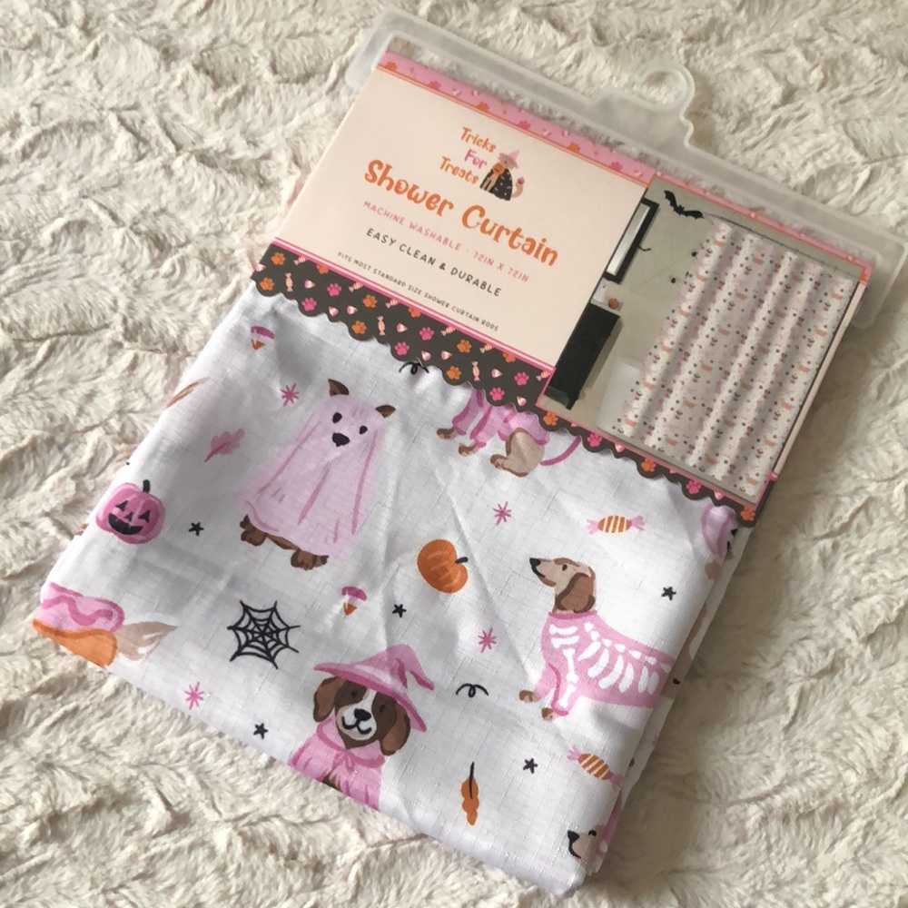 Halloween Mixed Breed Dog Print Shower Curtain - Pink - Picture 9 of 9